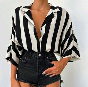 Striped Button Up Batwing Blouse Shirt Size Small